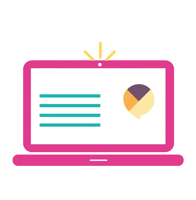 A laptop with lines to represent writing on the screen and a speech bubble beside them.