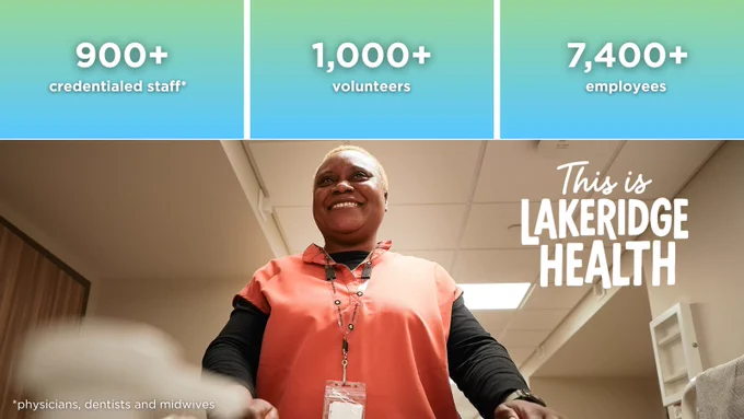 A smiling hospital staff member in a red uniform pushes a cart down a hallway. Above her, text highlights “900  credentialed staff*,” “1,000  volunteers,” and “7,400  employees.” The text “This is Lakeridge Health” appears beside her. A note at the bottom reads “*physicians, dentists and midwives.” The background gradient shifts from green to blue.