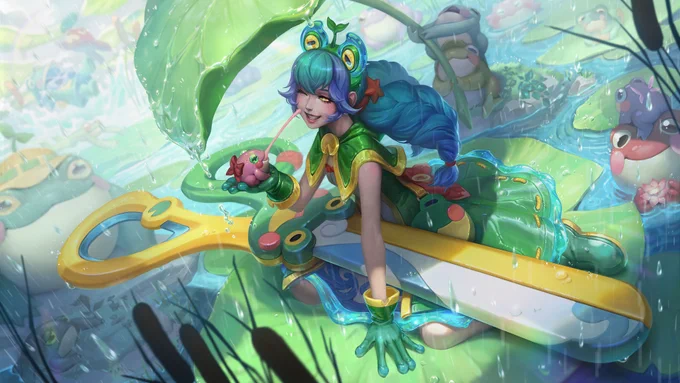 A smiling Rain Shepherd Gwen in a cute frog-themed dress and gloves sits on a lily pad with a pair of frog-themed scissors across her lap; a tiny pink frog has stuck its tongue to her cheek. Around her other frogs on lily pads enjoy a drizzling rain.