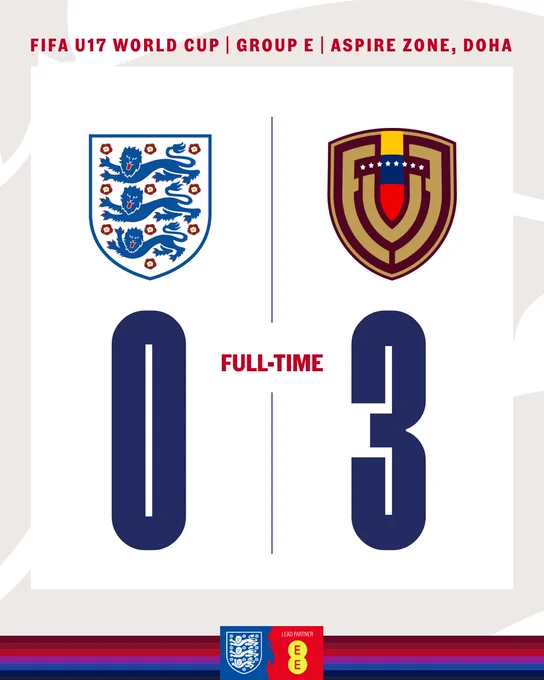 FIFA U17 World Cup,
Full-time: England 0-3 Venezuela