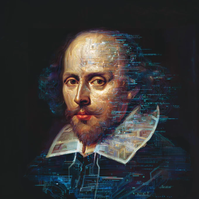 An AI generated portrait of William Shakespeare in which his image appears made from brightly coloured computer code