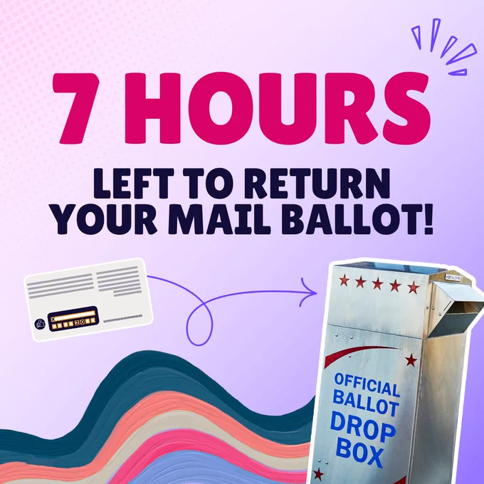 Purple graphic with images of a mail ballot and drop box with text that reads “7 hours left to return your mail ballot!”

