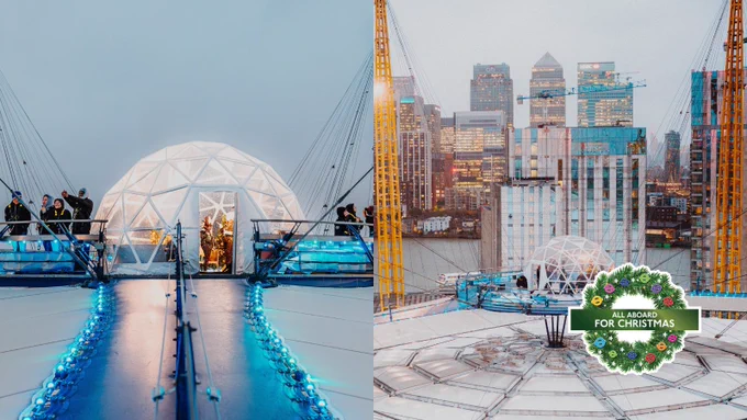 Guests gather near a lit snow globe on top of The O2 with the City skyline in the background.