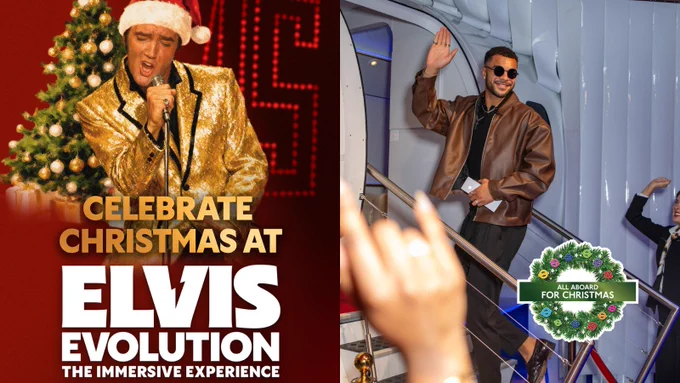 A split image showing the Elvis Evolution poster on the left and a celebrity waving promoting FAME*FACTORY at ExCeL London on the right.