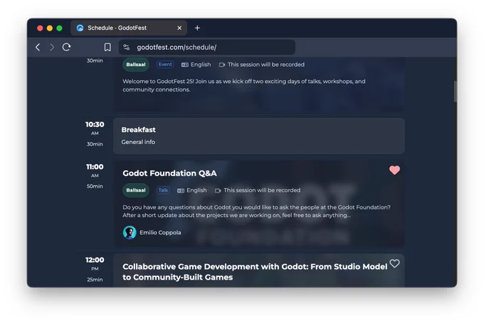 Screenshot of the website godotfest.com/schedule , showing a small snippet of talks