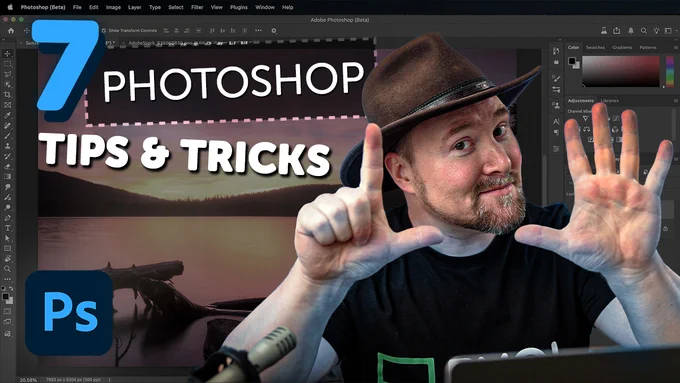 Bret Malley holding up seven fingers with text that reads "7 Photoshop Tips & Tricks."