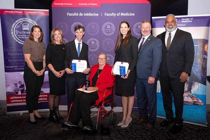Drs. Jennifer Phillips, Bernadette Garvey, and Harold Dion, recipients of the 2025 Alumni Awards of Distinction, pose with University of Ottawa Faculty of Medicine leadership, including Drs. Nadine Wiper-Bergeron, Claire Kendall, Christopher Kennedy, and Ali Jalali, during the ceremony held on October 3, 2025.