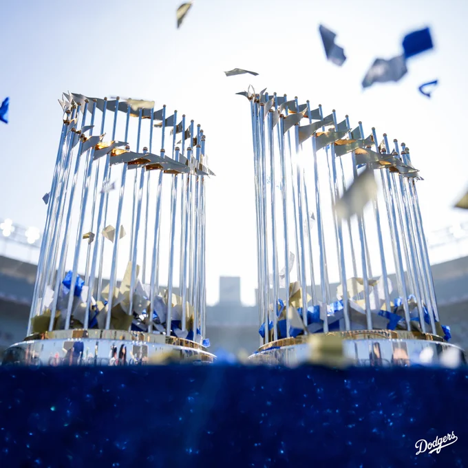 A photo of the Dodgers’ World Series trophies from 2024 and 2025.