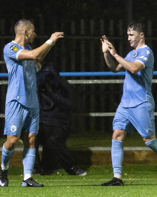 Calum Bateman celebrates scoring for Cambrian United against Briton Ferry Llansawel.
