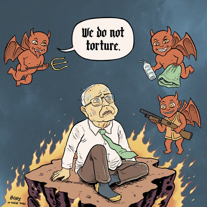 Dick Cheney is a worried man sitting on a flaming rock, surrounded by playful devils holding a trident, a towel, and a bottle. A speech bubble reads, "We do not torture."