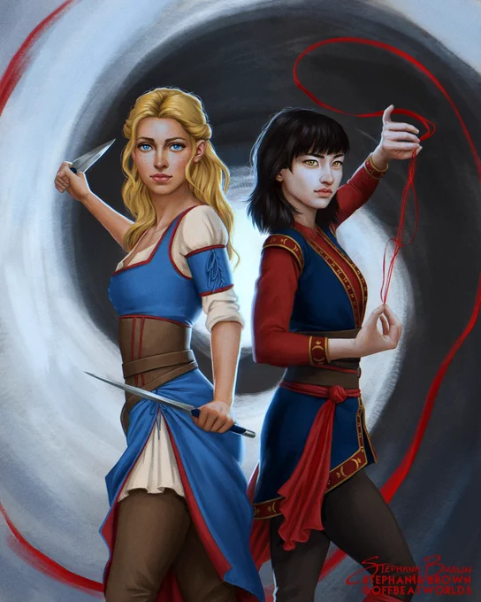 Digital fanart of Safiya and Iseult from the Witchlands book series by Susan Dennard. Safi is blonde, wearing a blue dress and wielding duel daggers. Iseult has black hair, wearing blue and red clothing and pulls red magical string through her fingers
