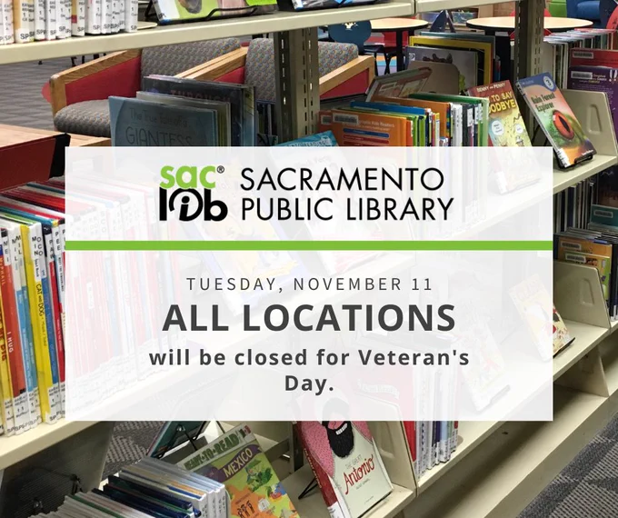 Alt text: Graphic with a photo of bookshelves and text that reads, “Tuesday, November 11 all locations will be closed for Veteran’s Day.”
