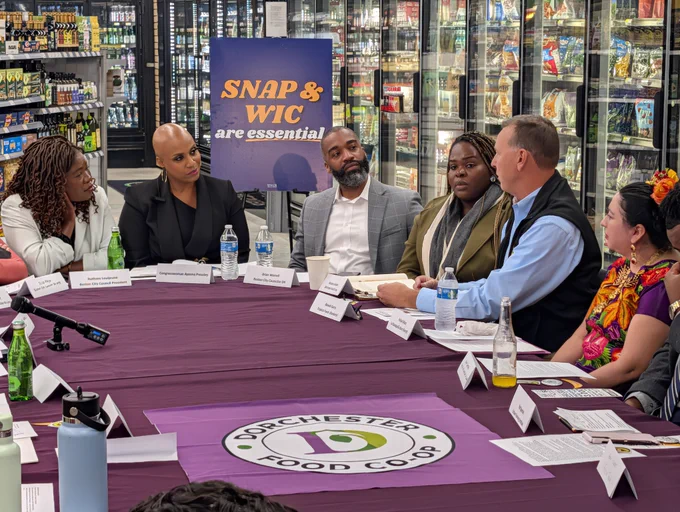 Rep. Ayanna Pressley listens to MA-07 SNAP food retailers during a roundtable discussion.
