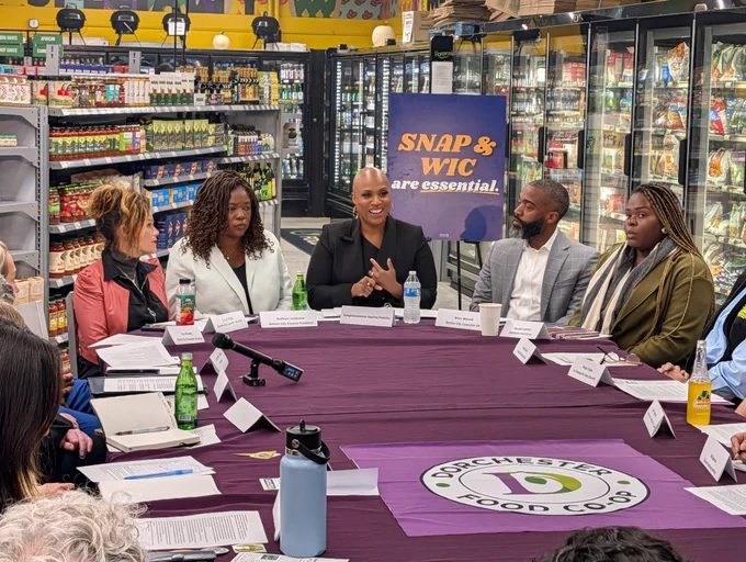 Rep. Ayanna Pressley convenes SNAP food retailers as Republican shutdown threatens food assistance and local economy.
