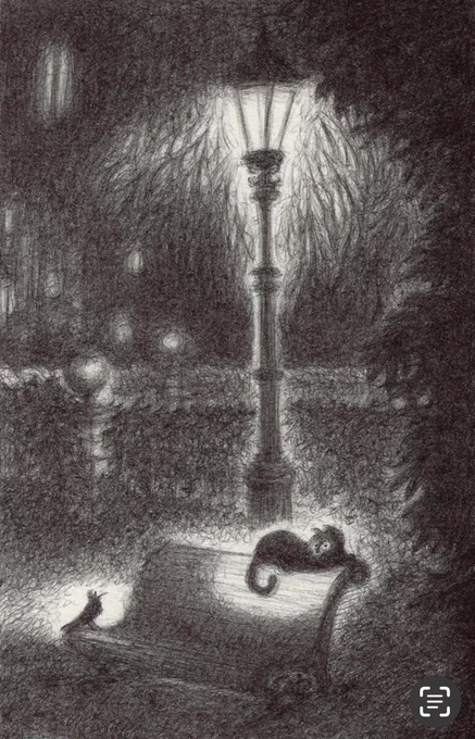 “A Wary Friendship”
*available as an original ballpoint pen ink drawing and as a giclée art print 

It is nighttime and deep within the grounds of an old mansion. Under the lamplight, in the foreground, sits a cat, seated atop her favourite bench. From there she can survey her realm and listen to the sounds of the night. 

For several days a small bird has taken an interest in the cat, sneaking unseen a little closer to her each night. The bird had trouble sleeping and was lonesome. One night the bird finally stirs the courage to show himself and the cat is surprised, to say the least. Impressed by the bird’s temerity, and against all instinct, the cat feels an instant fondness for him. Is this the beginning of a beautiful friendship?