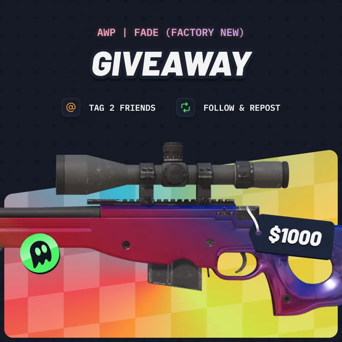 $1000 AWP | Fade (Factory New) CS2 skin giveaway hosted by @NadesOutHere and @skinscom