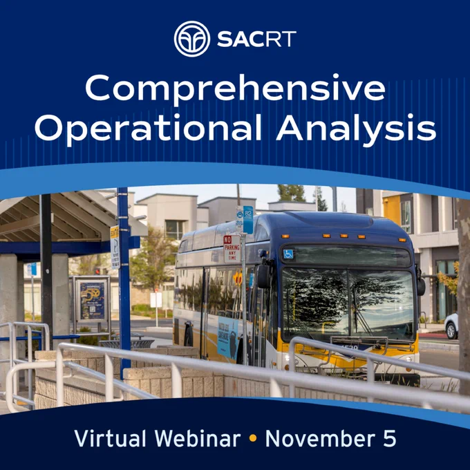 SACRT Comprehensive Operational Analysis webinar on November 5. Bus at a station under a blue sky.