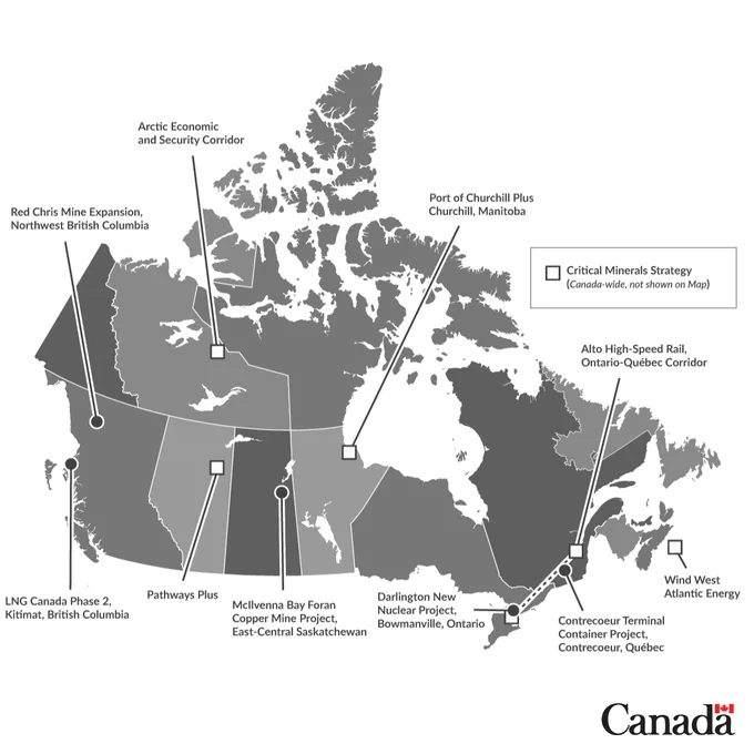 Map of Canada with labels of major infrastructure projects planned by the Major Projects Office in differing regions across Canada. Canada wordmark in bottom right corner. 