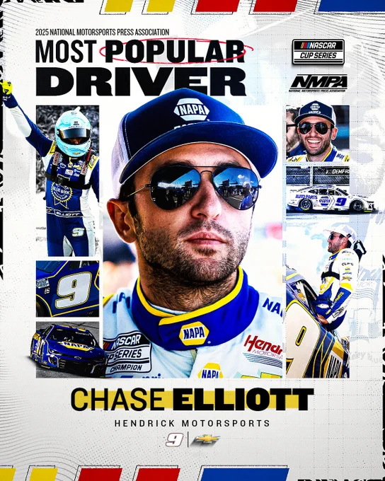 A graphic highlighting that Chase Elliott is the 2025 NMPA Most Popular Driver. 