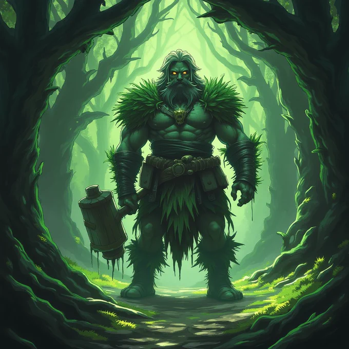 A muscular, green-skinned forest warrior with glowing eyes and leafy armor stands in a mystical, shadowy forest, holding a large wooden hammer.