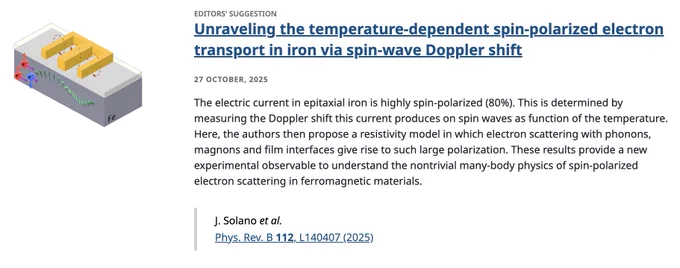 EDITORS' SUGGESTION
Unraveling the temperature-dependent spin-polarized electron transport in iron via spin-wave Doppler shift
27 October, 2025
The electric current in epitaxial iron is highly spin-polarized (80%). This is determined by measuring the Doppler shift this current produces on spin waves as function of the temperature. Here, the authors then propose a resistivity model in which electron scattering with phonons, magnons and film interfaces give rise to such large polarization. These results provide a new experimental observable to understand the nontrivial many-body physics of spin-polarized electron scattering in ferromagnetic materials.

J. Solano et al.
Phys. Rev. B 112, L140407 (2025)