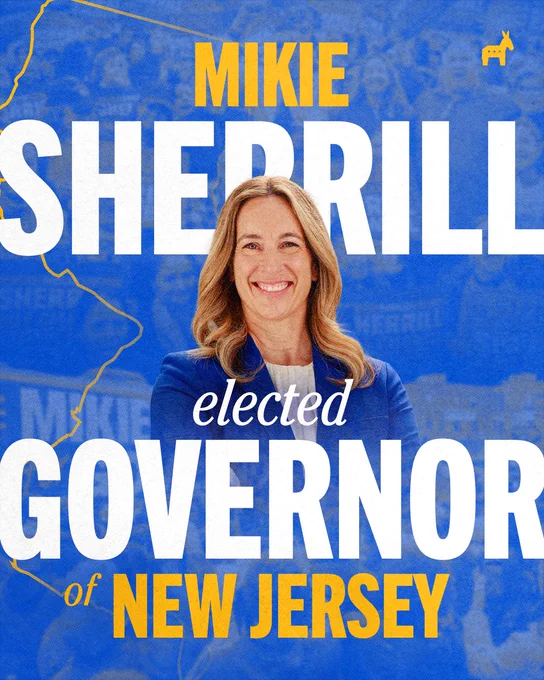 Celebratory graphic of Mikie Sherrill that reads, "Mikie Sherrill elected Governor of New Jersey." The background has various New Jersey-related imagery.