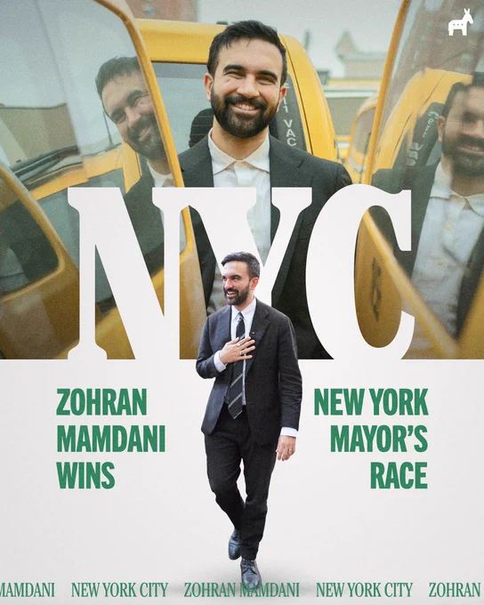 Celebratory graphic of Zohran Mamdani that reads "Zohran Mamdani Wins New York Mayor's Race." The background is a photo of Mamdani standing between yellow taxis.