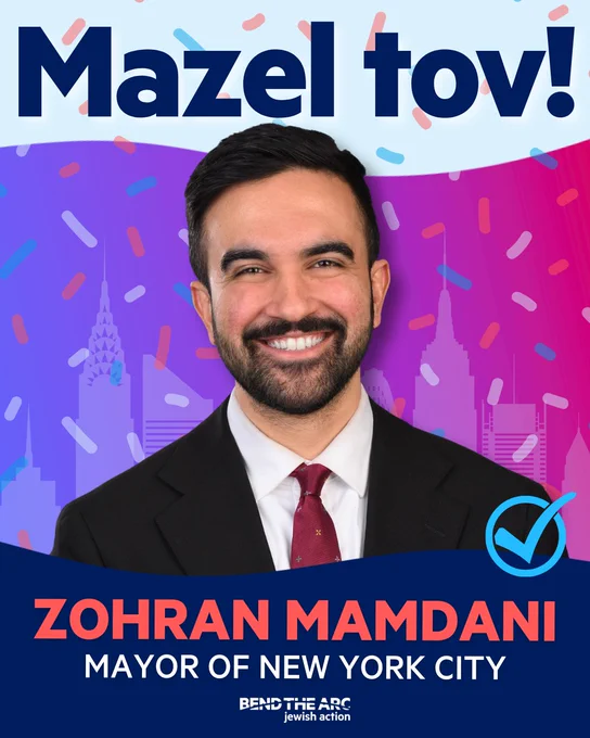 "Mazel Tov! Zohran Mamdani Mayor of New York City." The Bend the Arc: Jewish Action logo appears at the bottom. There is a picture of Zohran Mamdani and confetti against a faint backdrop of New York City.