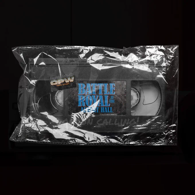 A mockup of a video cassette wrapped in plastic, with a label revealing that this is a promo for the OPW Tape Study looking at WWE Battle Royal at the Albert Hall