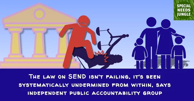 image shows an icon illustration made of a council official stamping on Lady justice as a sad family look on