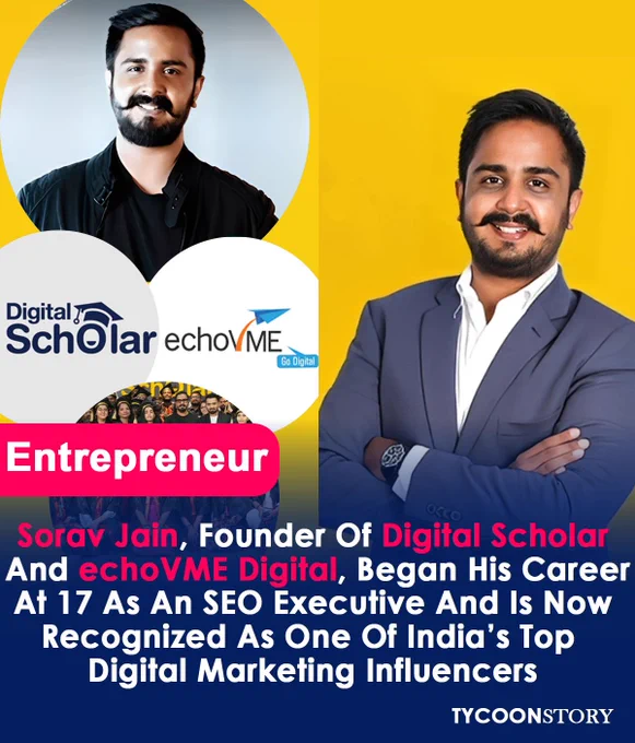 Entrepreneur poster featuring Sorav Jain, founder of Digital Scholar and echoVME Digital, highlighting his journey from starting as an SEO executive at 17 to becoming one of India’s top digital marketing influencers.