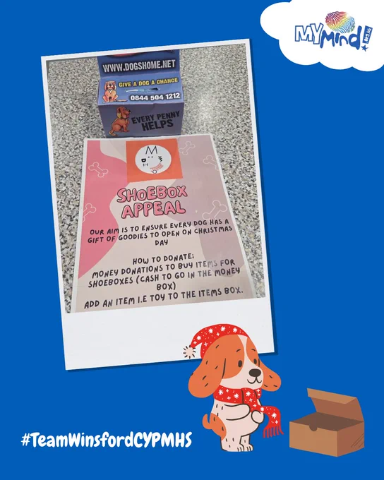 A graphic of a cartoon dog wearing winter accessories next to a shoebox, the text says, "# Team Winsford CYPMHS." There is a picture of a donation box.