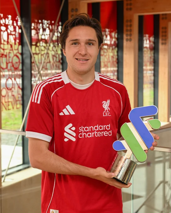 Photography of Federico Chiesa with the Standard Chartered Player of the Month award for September.