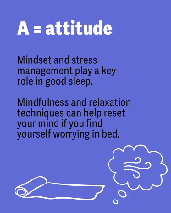 Purple background with white text: "A = attitude." Below, text reads, "Mindset and stress management play a key role in good sleep. Mindfulness and relaxation techniques can help reset your mind if you find yourself worrying in bed." At the bottom, a white line drawing of a rolled-up yoga mat and a cloud representing a relaxed mind.
