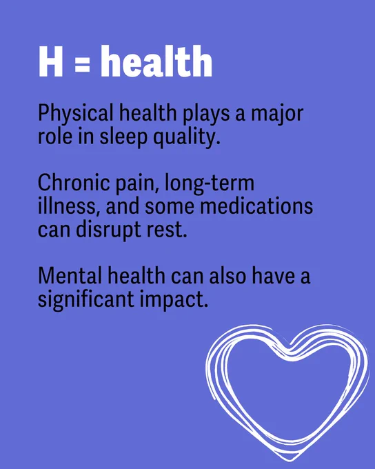 Blue background with white text reading: "H = health". Below, black text states: "Physical health plays a major role in sleep quality. Chronic pain, long-term illness, and some medications can disrupt rest. Mental health can also have a significant impact." A white, sketched heart is in the lower right corner.