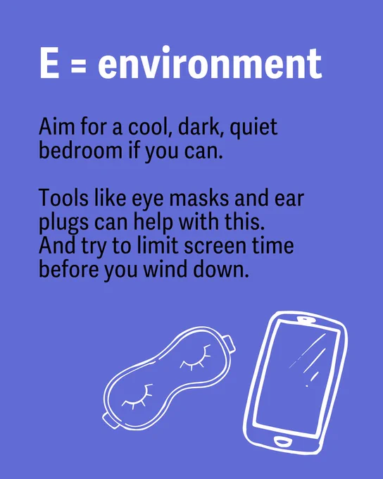Purple graphic with text: "E = environment" in bold. Below, it advises creating a cool, dark, quiet bedroom, using eye masks and ear plugs, and limiting screen time before bed. Illustrations of an eye mask and a smartphone are included.