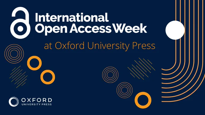 An open lock on a blue background. Copy reads International Open Access Week at Oxford University Press.
