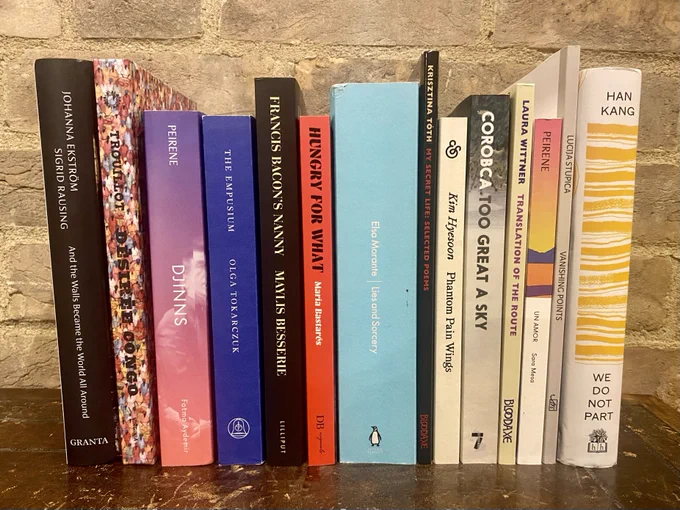 A photograph of the 14 titles longlisted for the Warwick Prize for Women in Translation. The books are stood on a wooden table against a brick wall with their spines facing the camera. 