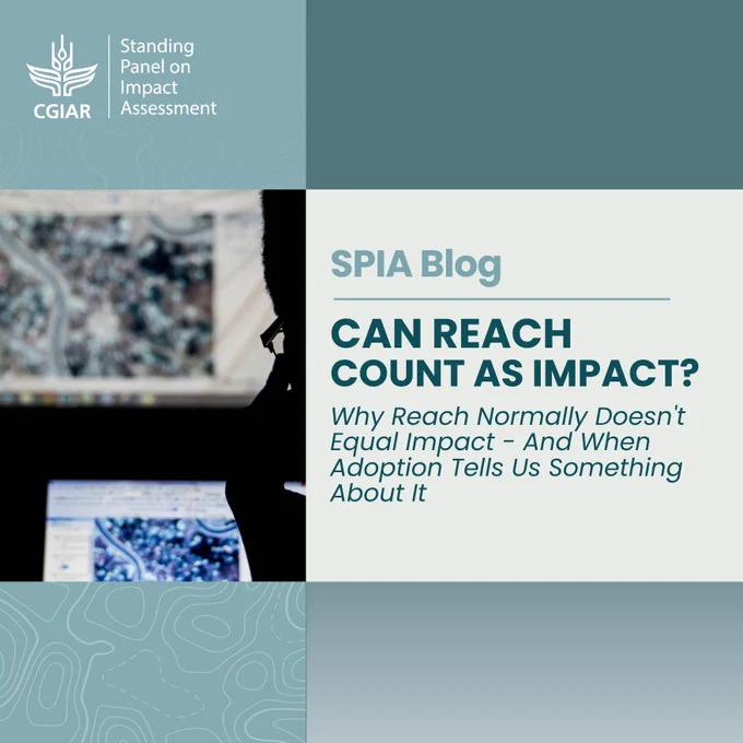 CGIAR SPIA Blog promotional graphic featuring a silhouette of a person looking at a computer screen with various data visualizations, accompanied by the title 'Can Reach Count as Impact? Why Reach Normally Doesn't Equal Impact – And Something About It.'