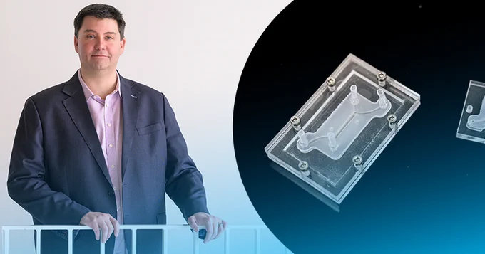 From the linked article, a photo of Jason Gleghorn on the left and images of his microfluidic systems on the right. The caption in the article reads, “University of Delaware biomedical engineer Jason Gleghorn is developing cutting-edge organ-on-a-chip models, little bigger than two postage stamps, that offer a faster, inexpensive way to study disease and develop pharmaceutical targets. As an Innovation Ambassador at UD, Gleghorn is eager to share what he’s learned about invention and entrepreneurship with others.” Credit: UDaily’s Jeffrey C. Chase and Kathy F. Atkinson.