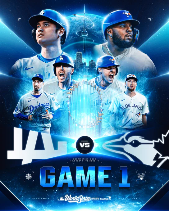 Dodgers vs. Blue Jays
World Series Game 1
Presented by Capital One
Pictured left: Cutouts of Shohei Ohtani, Freddie Freeman, and Blake Snell in road gray Dodgers uniforms with blue lettering and helmets.
Pictured right: Cutouts of Vladimir Guerrero Jr., George Springer, and Trey Yesavage in white home Blue Jays uniforms with blue lettering. Guerrero Jr. and Springer wear blue helmets, while Yesavage has a blue and white hat.
Pictured center: A World Series trophy
Background: The Toronto skyline overlayed on a photo of Earth taken from space