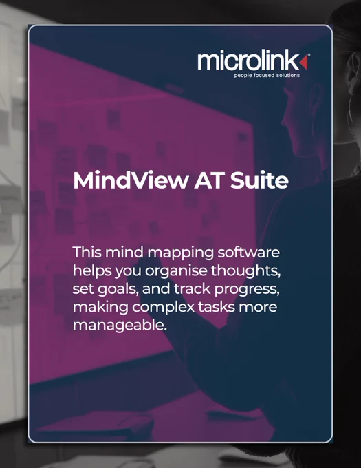 A person stands in front of a board covered with sticky notes, working on a project plan. The image is tinted purple. Text reads: “MindView AT Suite – This mind mapping software helps you organise thoughts, set goals, and track progress, making complex tasks more manageable.” Microlink’s logo is at the top.