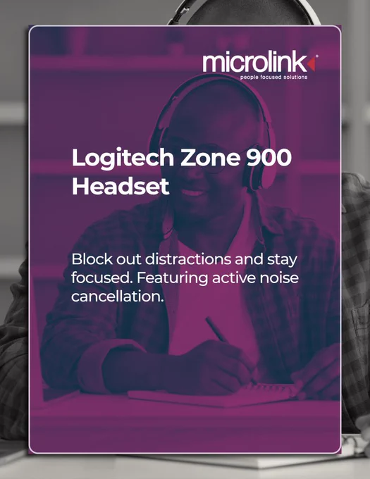 A person wearing headphones smiles while writing in a notebook. The image has a purple overlay. Text reads: “Logitech Zone 900 Headset – Block out distractions and stay focused. Featuring active noise cancellation.” Microlink’s logo appears at the top.