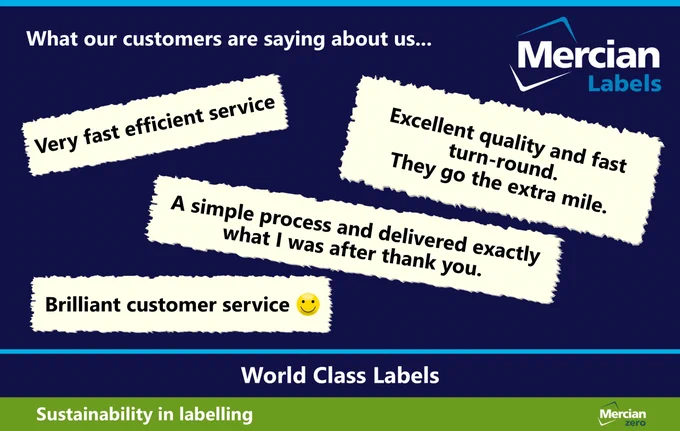 Mercian Labels branded graphic titled “What our customers are saying about us…”. It features four customer quotes: “Very fast efficient service”, “Excellent quality and fast turn-round. They go the extra mile.”, “A simple process and delivered exactly what I was after thank you.”, and “Brilliant customer service 🙂”. The Mercian Labels logo appears in the top right corner, with the tagline “World Class Labels” and “Sustainability in labelling” at the bottom.