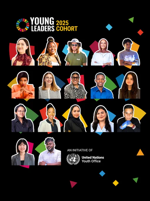 Collage of 17 individuals under the title “Young Leaders 2025 Cohort,” set against a black background with colorful geometric shapes. Includes the United Nations Youth Office logo and text noting the initiative.
