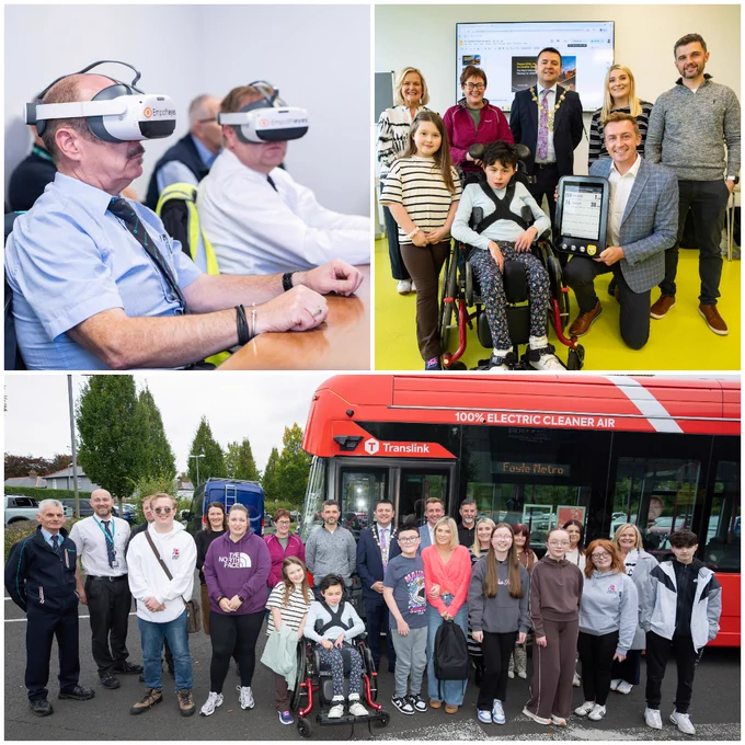 Collage of images taken during social value session in Derry Londonderry.

Pictures include 2 males wearing VR headsets and two group images, one with a Foyle Metro bus in the background