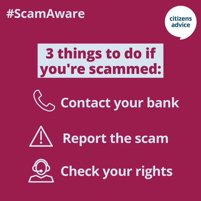 Citizens Advice public service announcement with the hashtag #ScamAware. The image lists three tips for dealing with rogue traders at the door: 1. Don't be rushed, 2. Get a written quote, 3. Don't pay cash up front. The Citizens Advice logo appears at the bottom