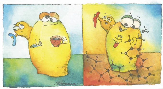 A two-panel watercolor painting of yeast showing a sense and response mechanism as it produces a biopolymer (Illustration credit: Dr. Stefania Vaga)