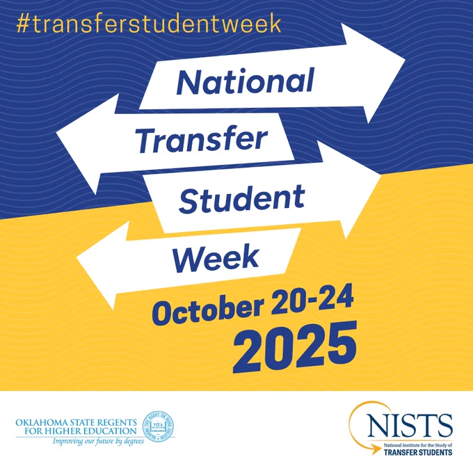 Graphic with directional arrows on a blue and yellow background. Text reads: "#TransferStudentWeek. National Transfer Student Week, October 20-24, 2025."