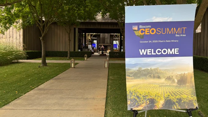 Welcome sign for Biocom's Bay Area CEO Summit. October 24, 2025 | Ram's Gate Winery